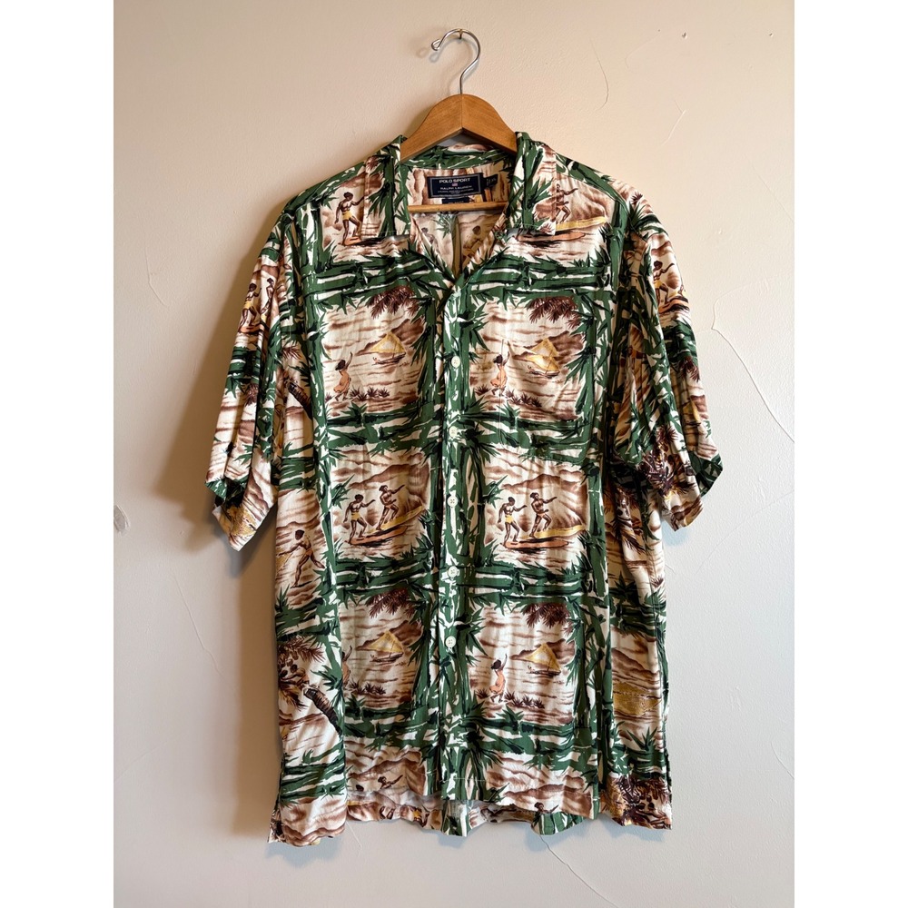 Vintage 90s Polo Sport Ralph Lauren Hawaiian Shirt Rayon Surfer Hula Print SZ XL